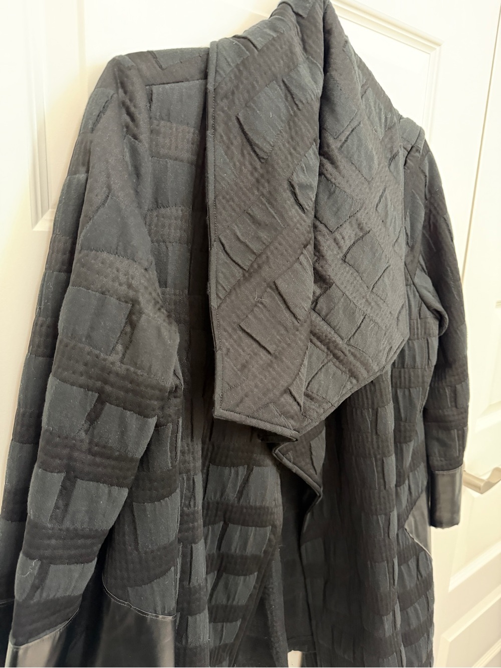 IC Collection Women's Medium Draped Textured Coat with Faux Leather Trim Black